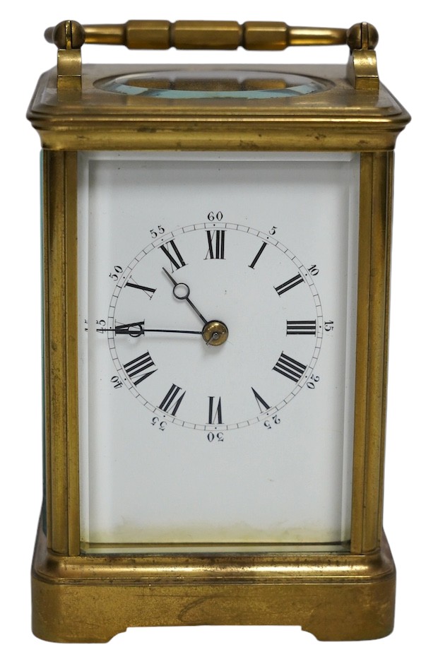 A late 19th century Drocourt brass case carriage timepiece, 14cm. Condition - fair, not tested as working